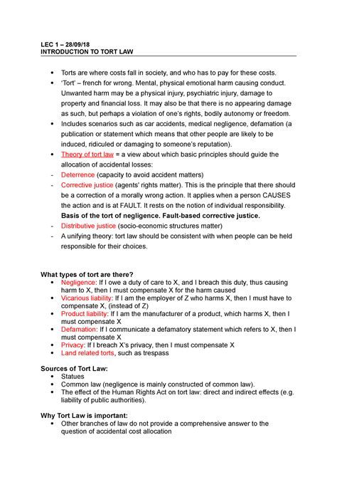 1 Intro To Tort Law Lecture Notes 1 2 Lec 1 2809 Introduction