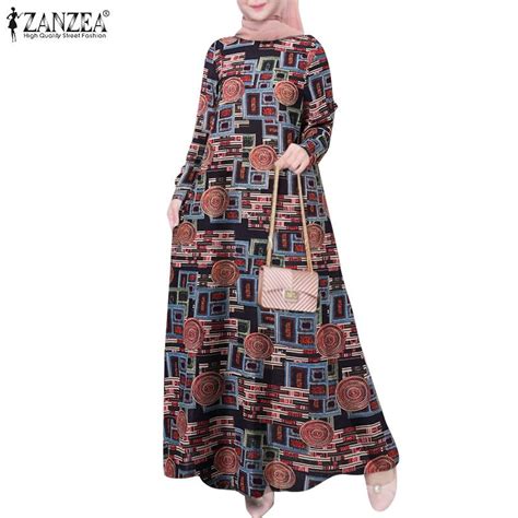 Cheap ZANZEA Women Daily Casual O Neck Long Sleeve Print Cotton Dress