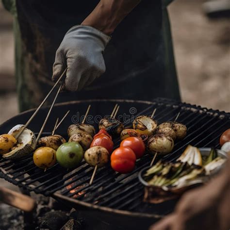 Friends Making Barbecue And Having Lunch In The Nature Man Fries Kebab