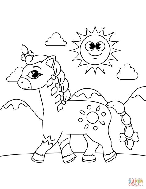 Cute Horse with Braided Mane and Tail coloring page | Free Printable Coloring Pages