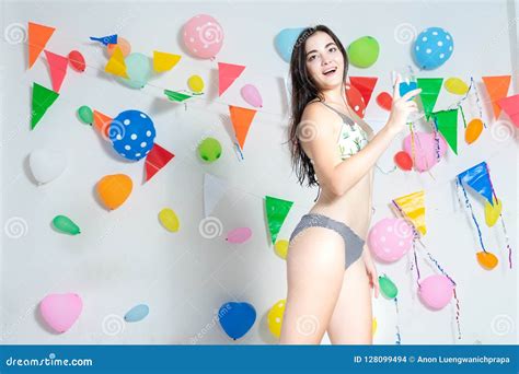 Hot Girl Wearing Bikini Dancing Party Event New Year Or B Stock Photo