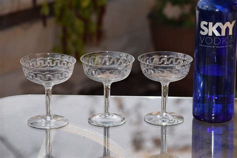 6 Vintage Needle Etched Crystal Cocktail ~ Martini Glasses ~ Fostoria ~ 1904 ~ Nick And Nora