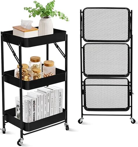 SKY TOUCH 3 Tier Trolley Organizer Foldable Metal Rolling Utility Cart