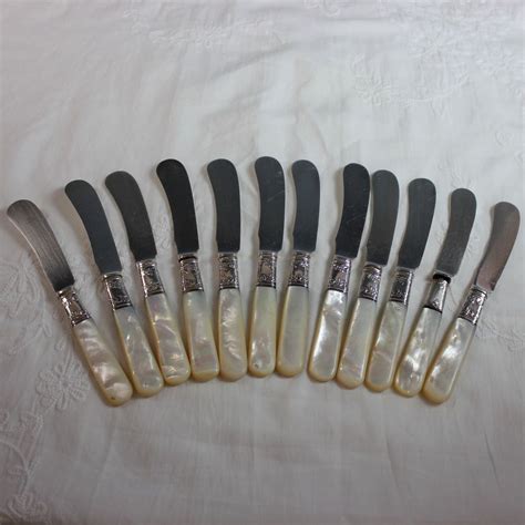 12 Antique Sterling Silver Collar Mother Of Pearl Butter Knives Silver