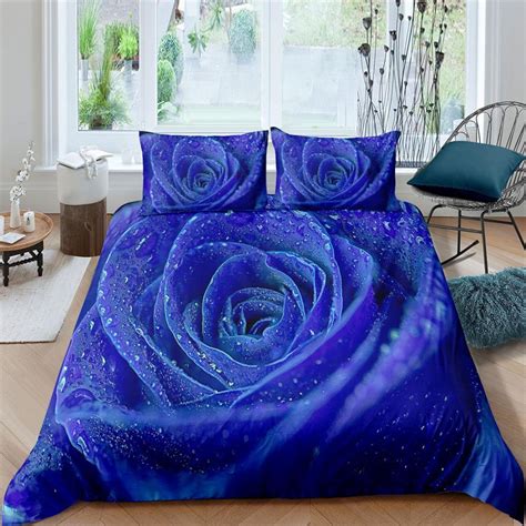 Vehigo Blue Rose Floral Duvet Cover Set 3d Printed Blossom Flowers Bedding With 2