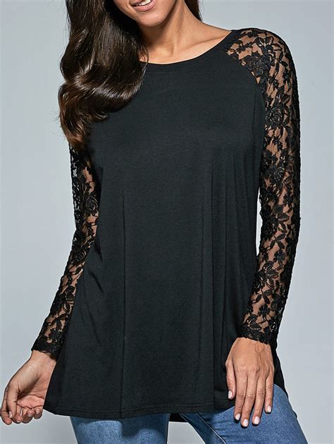 2018 Lace Sleeve Sheer Comfy Blouse In Black Xl