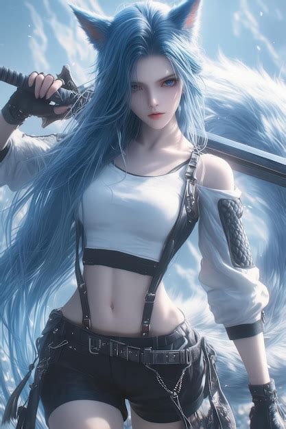 Premium Photo | Blue haired wolf girl holding a sword