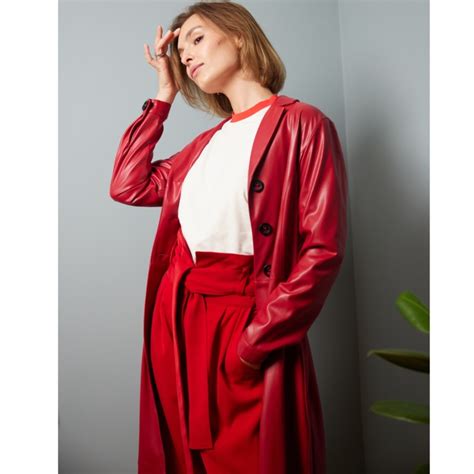 Long Button Up Eco Leather Trench Red Julia Allert Wolf Badger