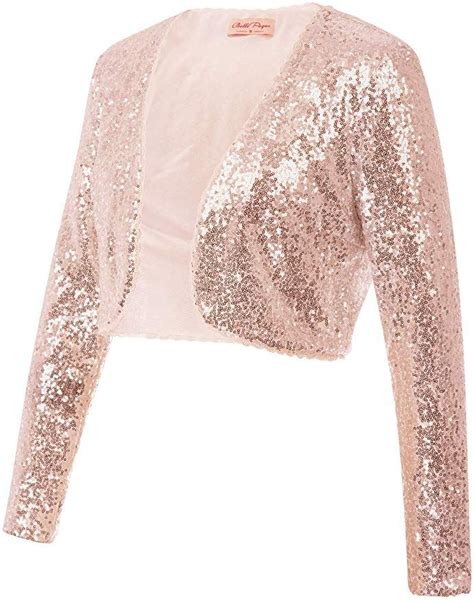 Belle Poque Womens Sequin Jacket Long Sleeve Open Front Glitter Cropped Blazer