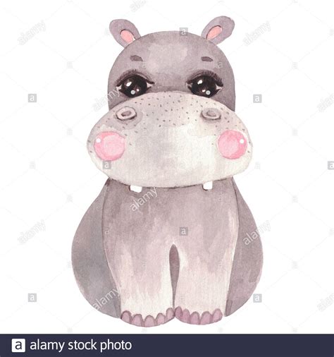 Watercolor illustration of a cute baby Hippo. Safari animal for ...