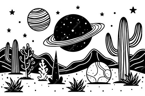 Un Dibujo En Blanco Y Negro De Un Planeta Con Planetas Y Estrellas Vector Premium