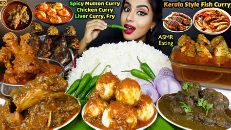 Asmr Eating Spicy Fish Curry Mutton Curry Egg Chicken Curry Fry Rice