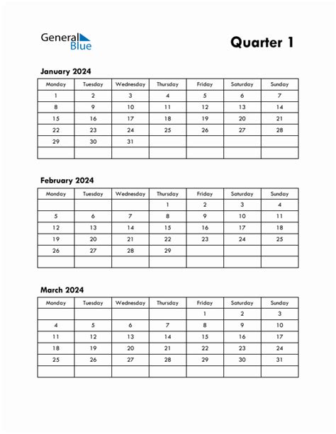 Quarter 1 2024 Calendar With Monday Start