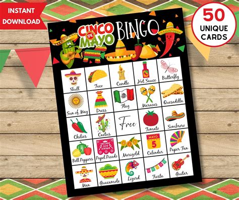 Cinco De Mayo Bingo Game Unique Bingo Cards W Labels Mexican