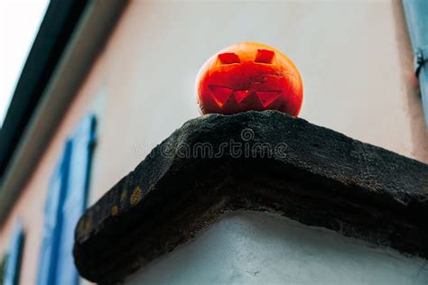 Spooky Smiling Halloween Pumpkin In Hot Burning Hell Fire Flames Stock