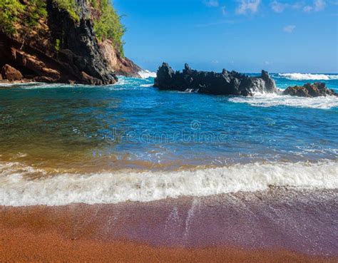 Red Sand and Blue Waves of Kaihalulu Beach Stock Image - Image of town ...