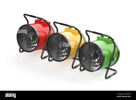 Three Industrial Electric Fan Heaters With Different Colors On White