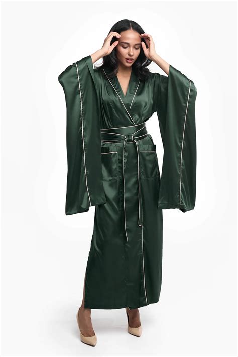 Pure Silk Kimono Dressing Gown In Green IDENTITY LINGERIE