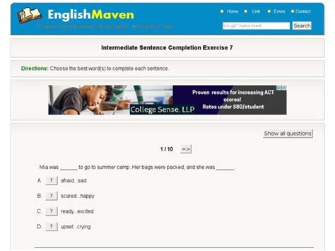 Intermediate Sentence Completion Exercise 7 Interactive for 4th - 5th ...