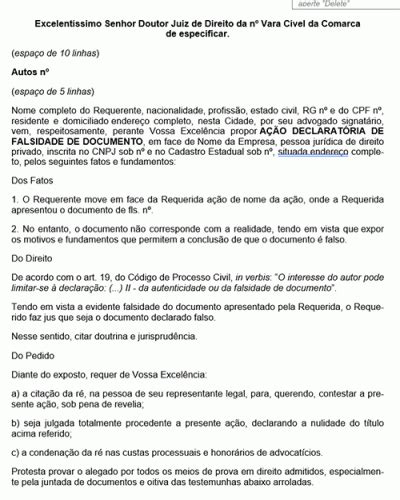 Modelo de Petição Declaratória Falsidade de Documento Novo CPC Lei