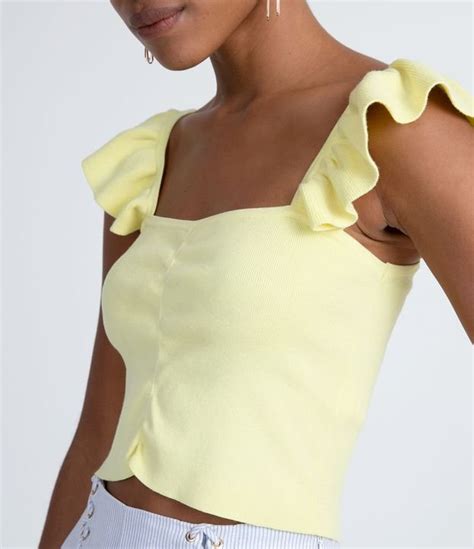 Blusa Regata Cropped Em Tric Babado Na Al A E Franzido Frontal Amarelo