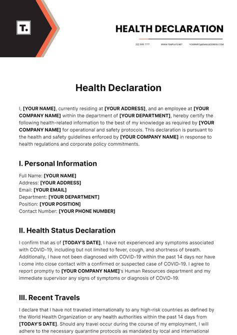 Free Health Declaration Template Edit Online And Download