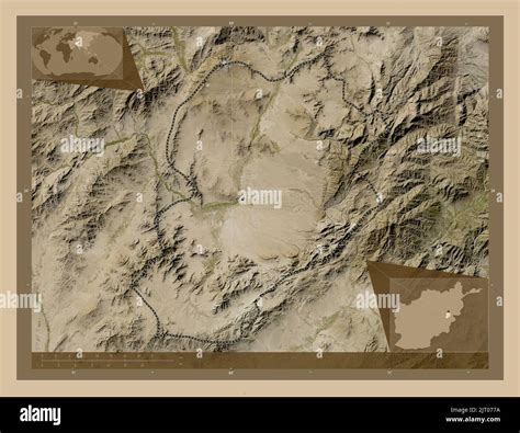 Logar, province of Afghanistan. Low resolution satellite map. Corner ...