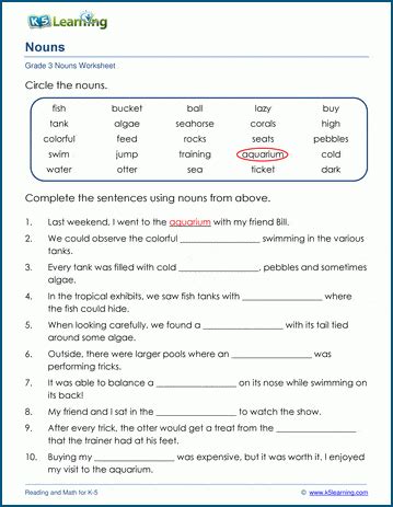 nouns  sentences worksheets  learning