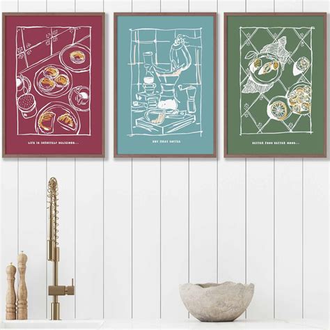 Set of 3 Framed Sketch Line Art Kitchen Quote Prints in Red, Sage Gree ...