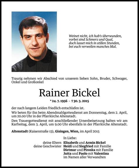 Todesanzeigen Von Rainer Bickel Todesanzeigen Vorarlberger Nachrichten