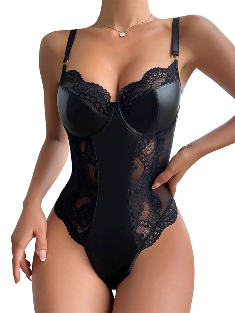 Lilosy Sexy Leather Underwire Push Up Floral Lace Sheer Corset Lingerie Women Teddy Bodysuit