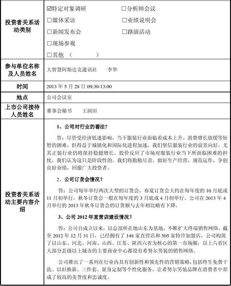 希努尔男装股份有限公司投资者关系活动记录表4353word文档在线阅读与下载无忧文档