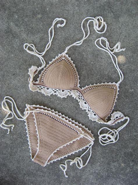 Crochet Bikini Set With Lace Edging In Nude With Cream And Etsy