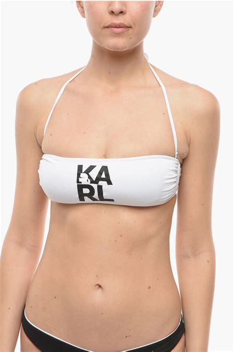 Karl Lagerfeld Solid Color Bandeau Bikini Top With Printed Contrasting