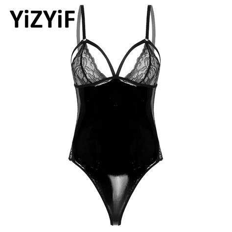 Sexy Lingerie Bodysuit Women Faux Leather Sheer Lace Patchwork Erotic Sensual Hot Latex Leotard