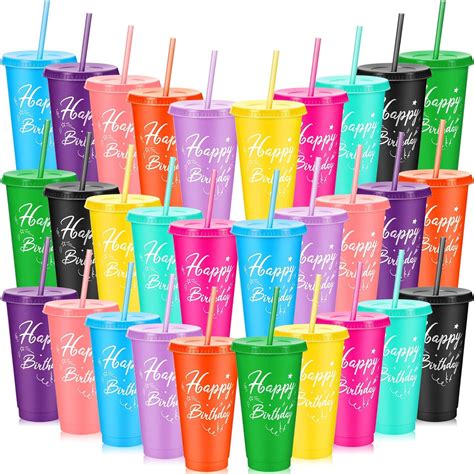 Uiifan 30 Pcs Birthday Cups With Straw And Lid Birthday Reusable Plastic Tumblers