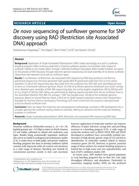 Solution De Novo Sequencing Of Sunflower Genome For Snp Discovery