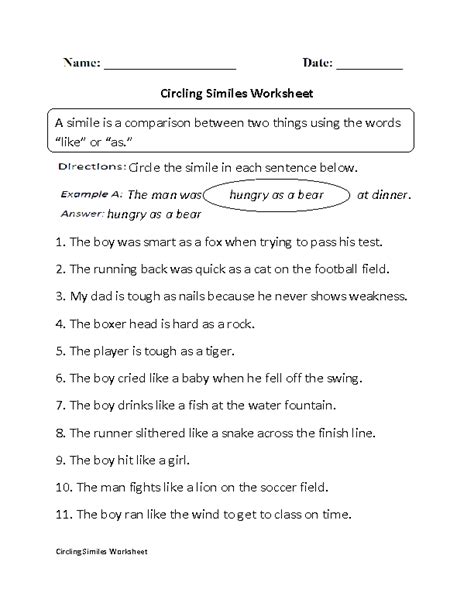 14 Metaphors And Similes Worksheets 5th Grade Free Pdf At