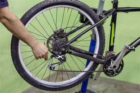 Bicycle Repair, Mechanic in the Workshop. Modern Mountain Bike Stock Photo - Image of worker ...