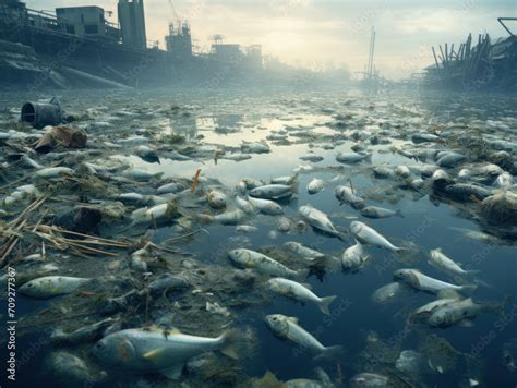 Water Pollution Chemical Waste From Industrial Element With Died Fish