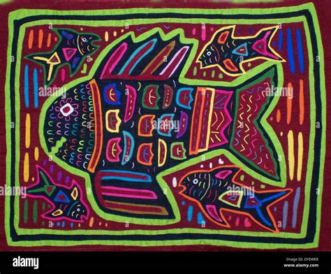 Mola Textile By Kuna Indian Artist Depicting Five Fish From The San