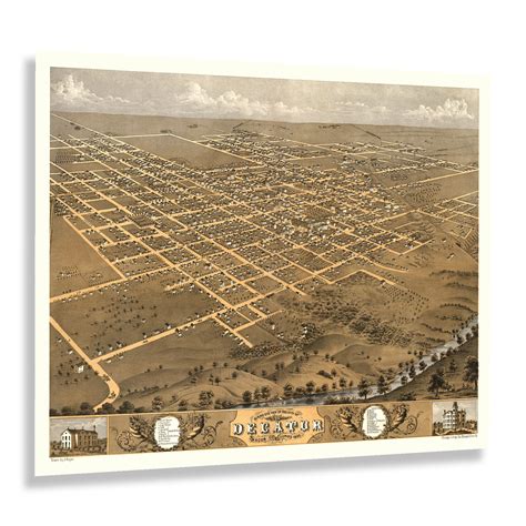 HISTORIX Vintage 1869 Decatur Illinois Map Poster - Vintage Bird's Eye ...