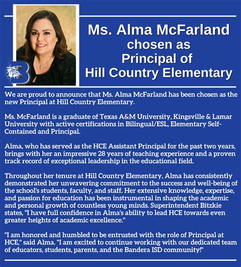 Hill Country Elementary Principal Chosen Bandera Independent School