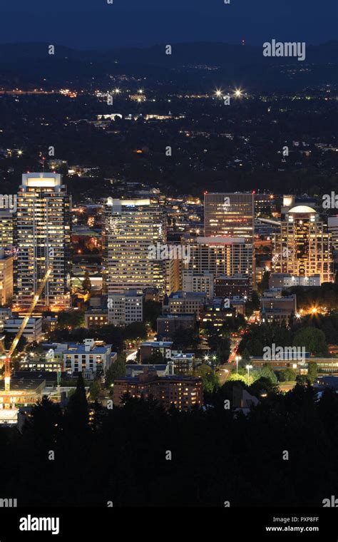 A Vertical aerial night view in Portland, Oregon Stock Photo - Alamy