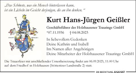 Traueranzeigen Von Kurt Hans J Rgen Gei Ler Trauer Anzeigen De