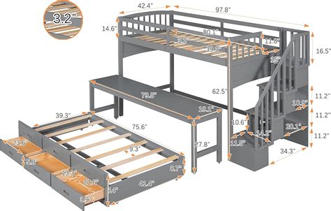 Litera Tipo Loft 3 En 1 Individual XL Con Escritorio Rodante Y Escalera