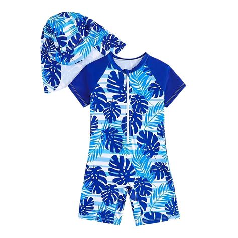 XAOFW Boy's One-Piece Swimsuits Coconut Tree Print Short Sleeve Rash