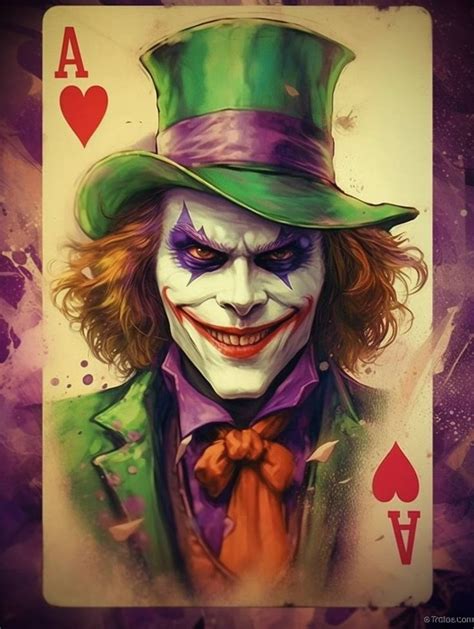 The Joker Playing Card Is Painted In Purple And Green Colors With An