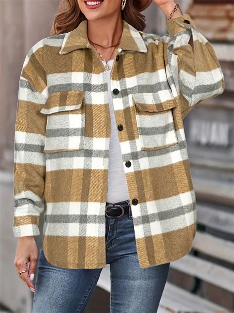 Stylish Plaid Button Long Sleeve Jacket Loose Lapel Plaid Temu