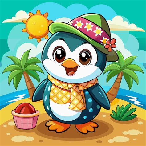 Pingüino en sombrero de paja de verano mascota dibujada a mano